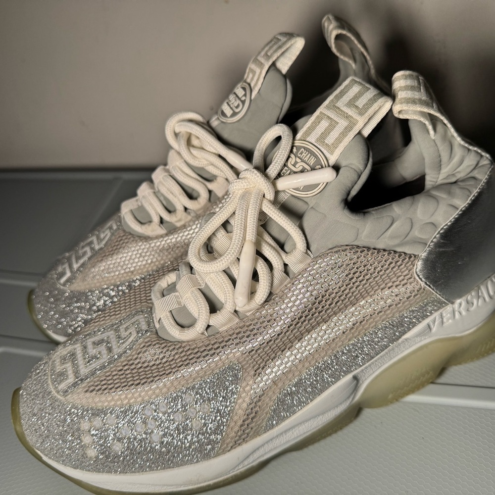 Versace Cream and Silver Textured Sneakers